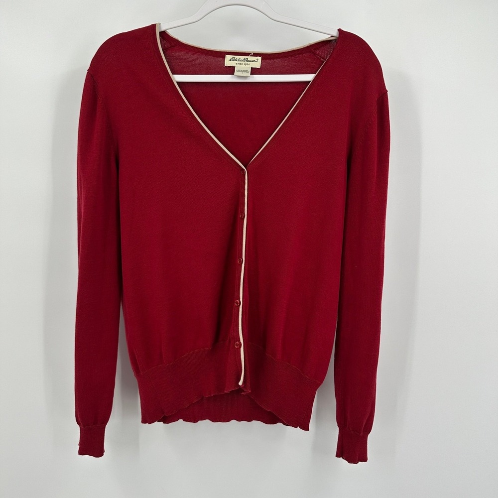 Eddie Bauer Womens Preppy‎ Old Money Cardigan Sweater Size L Minimalist Red